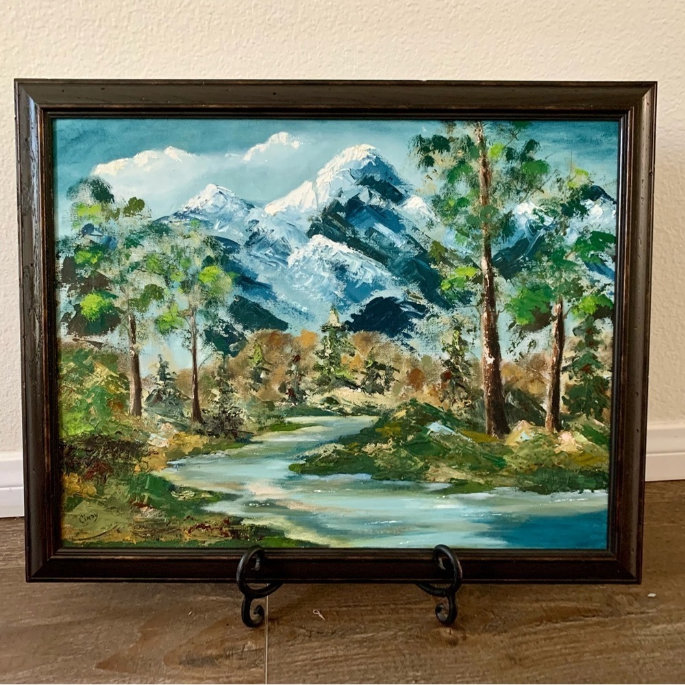 Vintage oil painting snow on mountains